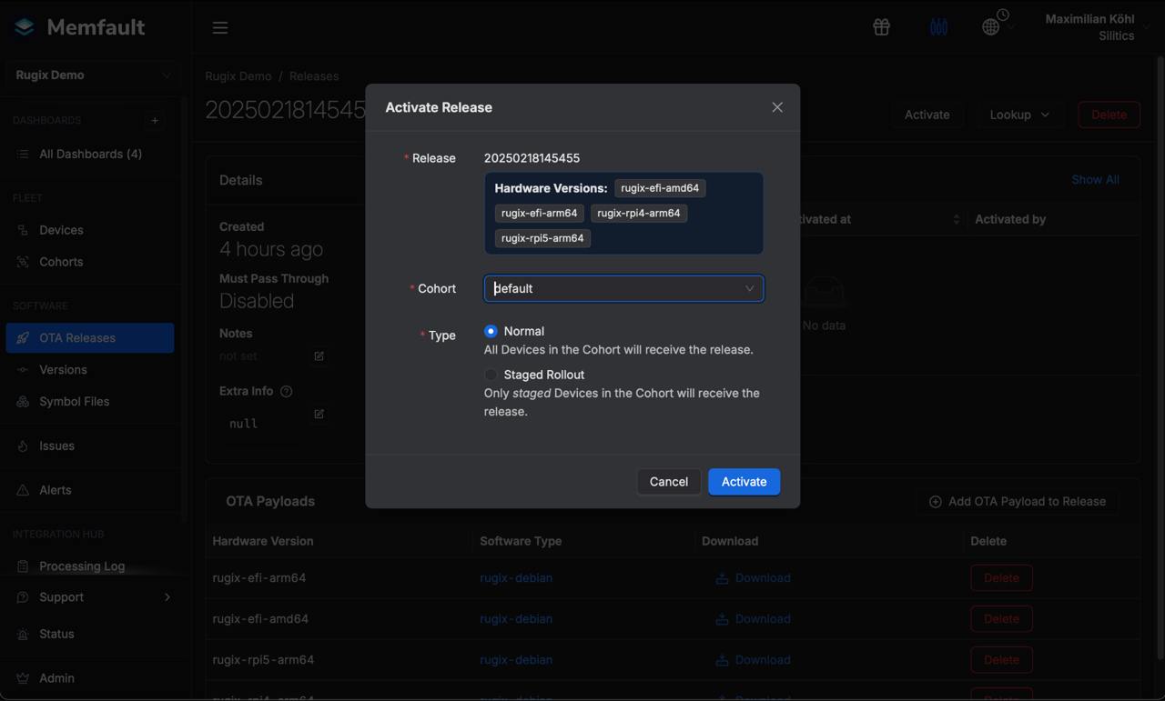 Screenshot of the Activation of the Release in Memfault